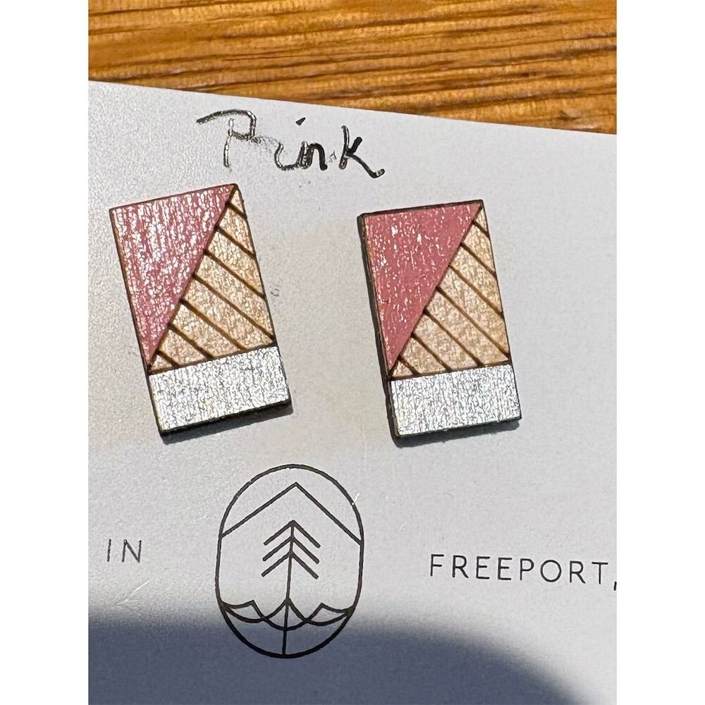 TreelineandTide Pink Geometric Wooden Stud Earrings Lightweight - Picture 2 of 4